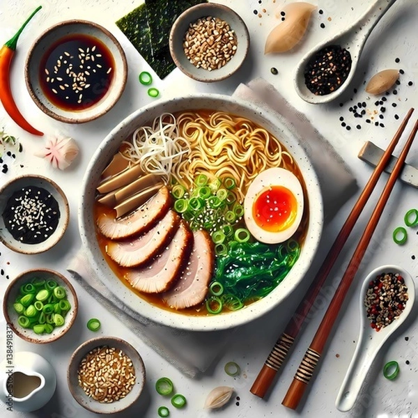 Fototapeta Delicious Japanese Ramen Soup with Soft-Boiled Egg, Char Siu Pork, Noodles, Spinach, and Green Onions, Served with Sesame Seeds, Seaweed, and Chili, Perfectly Seasoned with Soy Sauce.