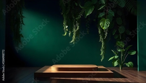Obraz Tropical Product Display Podium with Greenery Natural Wood Platform