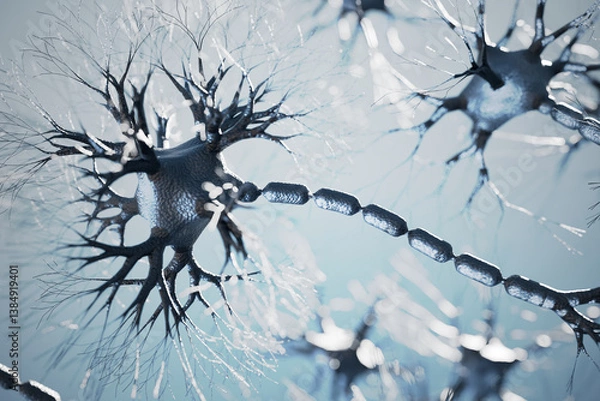Fototapeta Neurons in human brain with synapses. Neurology concept. 3D rendered illustration.