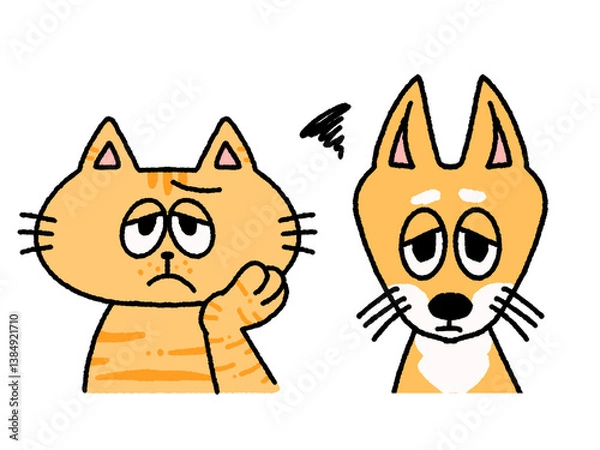 Obraz 困った様子の犬と猫のイラストセット