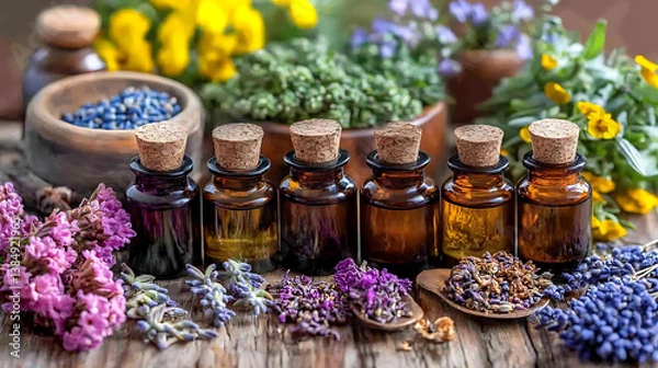 Fototapeta collection of essential oil bottles surrounded by various herbs and flowers, showcasing vibrant colors and natural beauty. scene evokes sense of tranquility and wellness