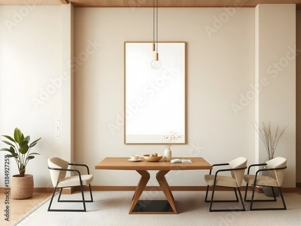 Fototapeta Minimalist Japandi style dining room with a framed blank poster on light wall. 3D Rendering 