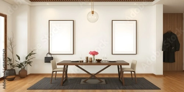 Fototapeta Minimalist Japandi style dining room with two framed blank posters on light wall. 3D Rendering