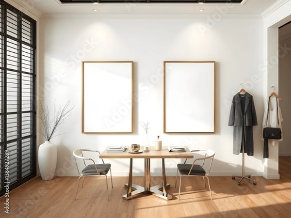 Fototapeta Minimalist Japandi style dining room with two framed blank posters on light wall. 3D Rendering