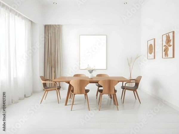 Fototapeta Sleek minimalist Japandi style dining room, warm and inviting, features a large framed blank poster on bright wall. 3D Rendering