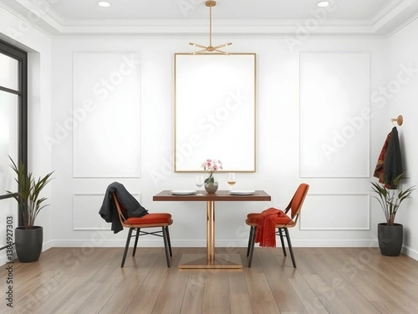 Fototapeta Minimalist Japandi style interior dining room with blank poster mockup on white wall. 3D Rendering
