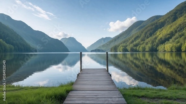 Fototapeta A wooden pier sits on a lake, with mountains in the background