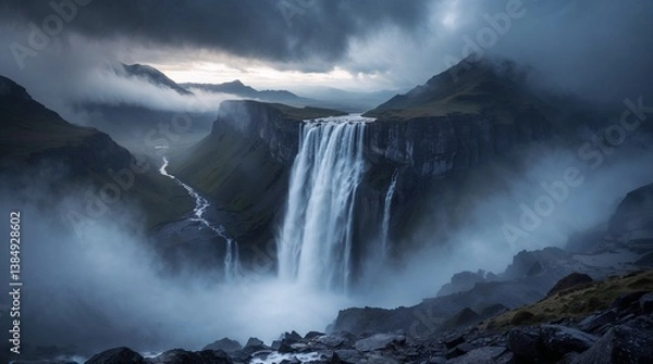 Fototapeta A waterfall is surrounded by mountains and a misty sky