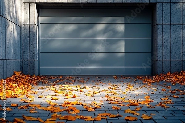 Fototapeta Autumnal Scene Fallen Leaves by Modern Garage Door.