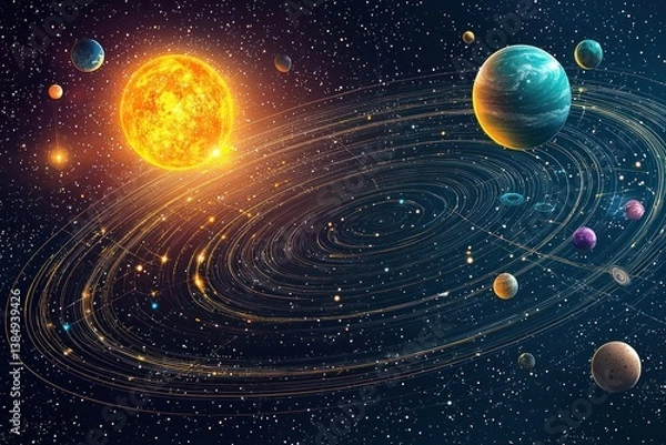 Fototapeta Cosmic Dance: A Celestial Ballet of Planets Orbiting a Radiant Star