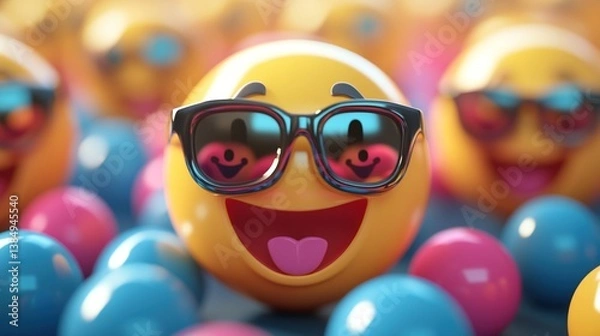 Fototapeta Smiling emoji with sunglasses amidst colorful balls