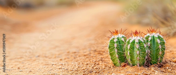 Fototapeta Tiny green barrel cactus growing on desert path with soft blurred orange ground background