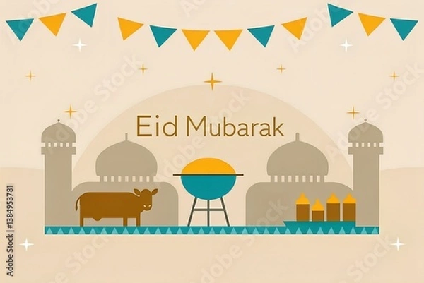 Fototapeta Eid Mubarak celebration featuring a festive scene with a cow, barbecue, and mosque silhouettes under a cheerful bunting; warm, simplified style.