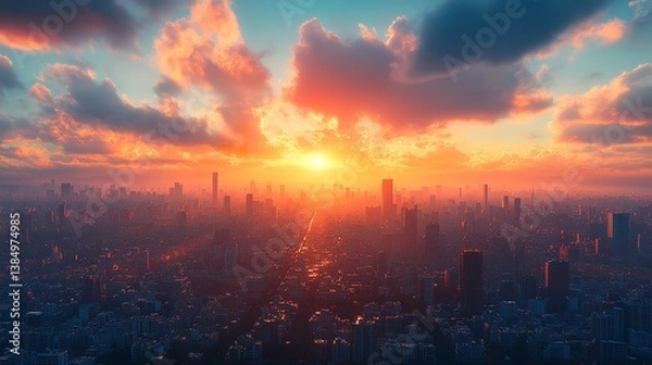 Fototapeta A breathtaking sunset paints the cityscape in fiery hues casting long shadows across the sprawling metropolis a dramatic