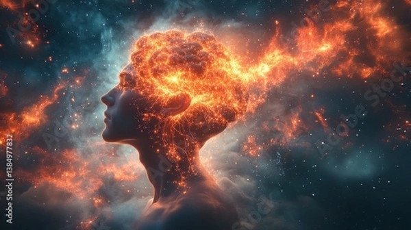 Obraz Fiery brain, cosmic profile, burning mind, starlit backdrop
