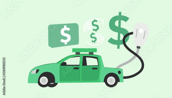 Fototapeta Vibrant Green Electric Car Vector Graphic Showcasing Energy Efficiency and Cost Savings with Dollar Symbols and a Charging Cord on a Light Green Background