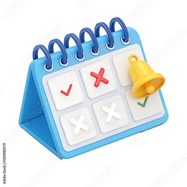 Fototapeta 3D Calendar Icon in Blue with Spiral Binding and Yellow Bell Notification Symbol