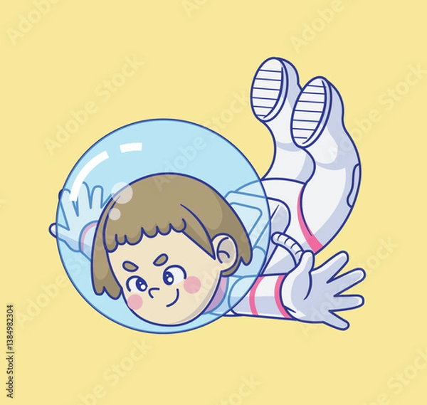 Fototapeta cute girl astronaut floating in space. cartoon character mascot astronomy science