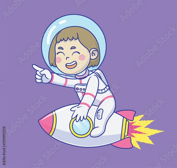 Fototapeta Cute girl astronaut cartoon riding a rocket. Symbol of success, innovation, dreams, and growth