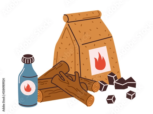 Fototapeta A bag of charcoal for grilling, firewood and ignition liquid. Bbq party. Vector illustration isolated on a white background