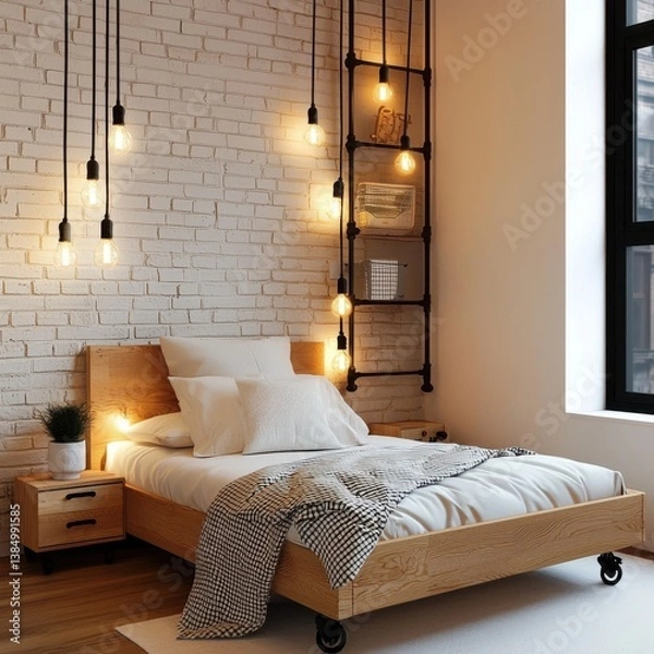 Fototapeta loft kids room, wood bed frame, pipe shelf, bulb string lights, brick wall, soft warm lighting, compact creative space