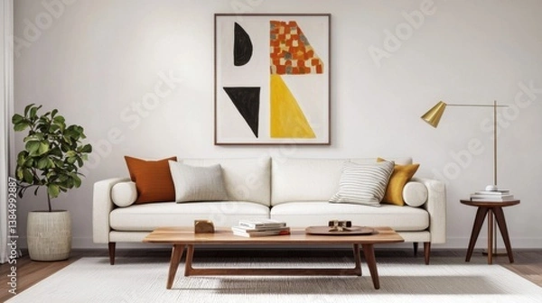 Fototapeta Modern vintage mix, sleek low sofa, mid century table, retro art, warm wood tones, brass elements