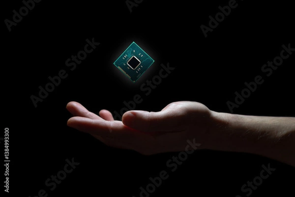 Fototapeta Computer chip hovers above hand on black background