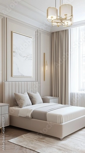 Fototapeta Neoclassic Modern kids room, pastel furniture, soft rug, upholstered bed, framed panel, warm neutral tones