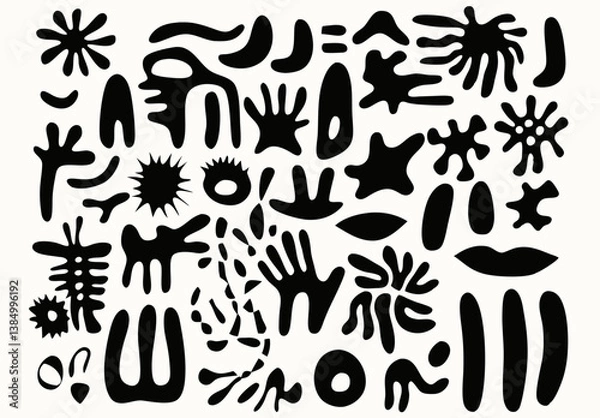 Fototapeta Abstract Shapes Composition: A collection of diverse, black abstract shapes on a flat background.