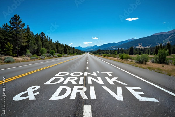 Fototapeta Daytime Road Safety Message – Don’t Drink and Drive Painted on Open Highway with Mountains and Blue Sky

