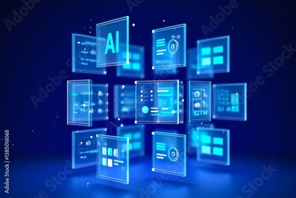 Fototapeta Artificial Intelligence Content Generator. A man uses a laptop to interact with AI assistant.