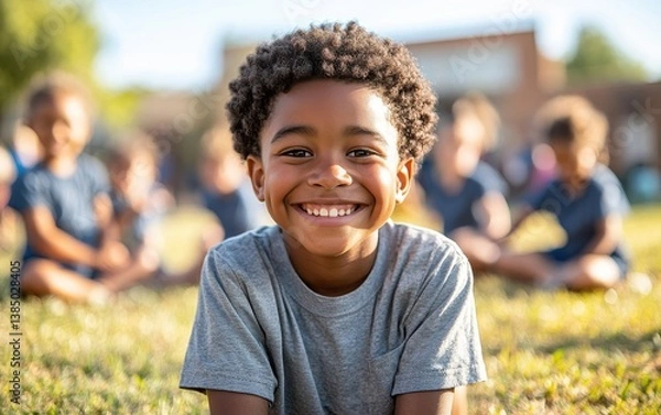 Obraz A young boy with curly hair is smiling and posing for a picture
