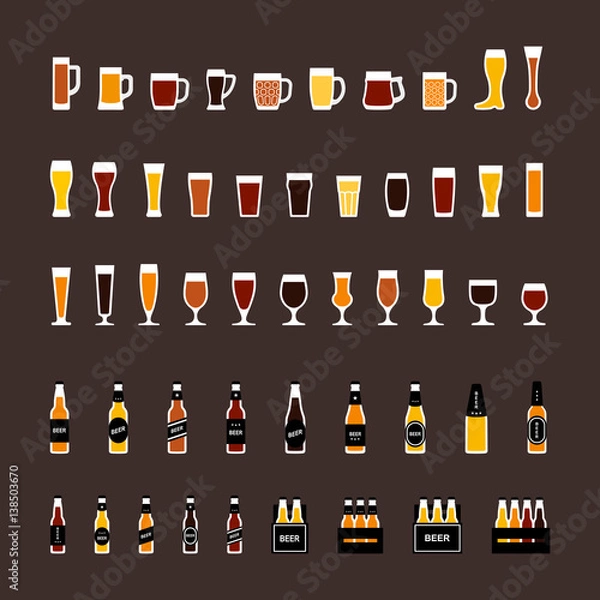 Fototapeta Beer glasses and bottles colored icons set in flat style. Vector
