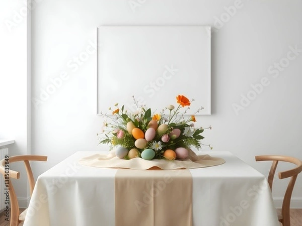 Fototapeta Minimalist Scandinavian dining room with a framed blank poster on light wall and Easter decoration on the table. 3D Rendering