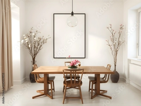 Fototapeta Minimalist Scandinavian dining room with a framed blank poster on light wall and Spring season atmosphere. 3D Rendering