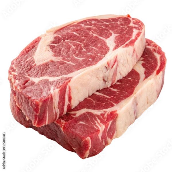 Fototapeta Two thick cuts of ribeye steak, showcasing marbling and rich red color, ideal for grilling or roasting.