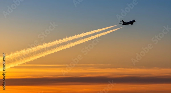 Obraz  Commercial airplane soaring above clouds, leaving a contrail against a vibrant sunset sky.