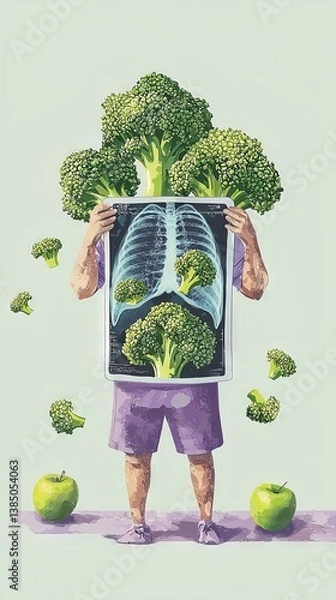 Fototapeta A man is shown holding a gigantic X-ray with healthy, green broccoli replacing his lungs in a modern art collage that represents good eating habits and the concept of a healthy lifestyle