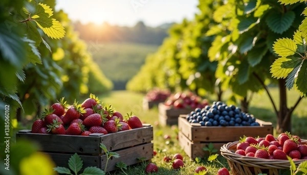 Fototapeta Fresh strawberries and blueberries in wooden crates at berry farm during sunset for seasonal harvest and organic farming themes