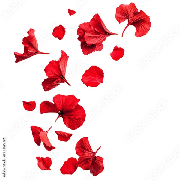 Fototapeta Tropical red flower petals falling in the air, beautiful floral levitation isolated on transparent background.