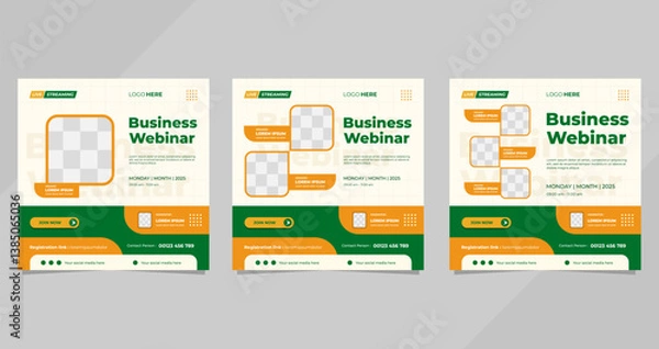 Obraz Set of minimalist Business webinar social media post templates with green and white cream color background, Suitable to online education class and other online seminars
