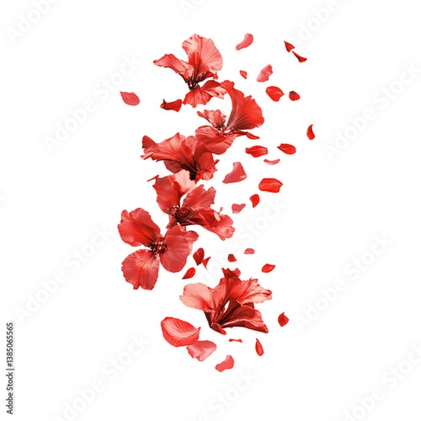 Fototapeta Tropical red flower petals falling in the air, beautiful floral levitation isolated on transparent background.