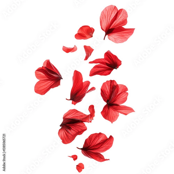 Fototapeta Tropical red flower petals falling in the air, beautiful floral levitation isolated on transparent background.