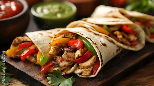 Fototapeta Delicious grilled chicken fajitas wrapped in soft tortillas, filled with vibrant bell peppers and served with fresh salsa and guacamole. perfect dish for any gathering