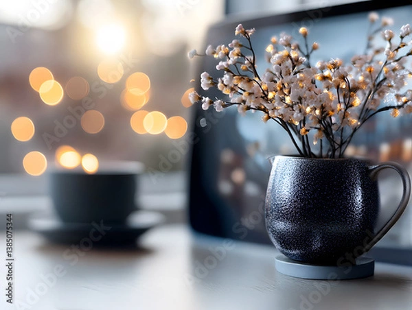 Obraz Artificial flower bouquet with warm fairy lights in ceramic jug near coffee cup on windowsill with bokeh light and sunrise showcasing cozy morning ambiance