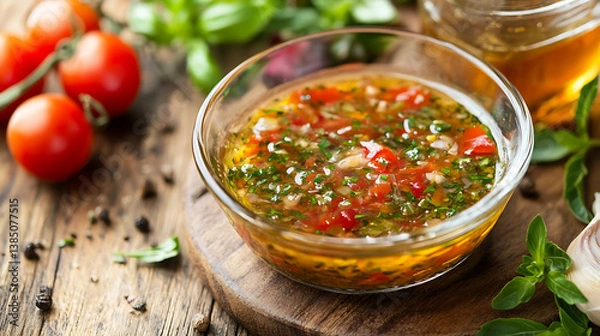 Fototapeta Fresh herb dressing with tomatoes and spices, perfect for salads or marinades, adds vibrant flavor to dishes and enhances culinary experiences