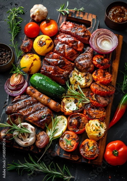 Obraz BBQ essentials with grilled meats and vibrant vegetables, blending into an earth-toned gradient for hearty