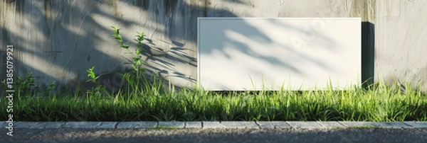 Obraz White rectangular signboard on a grassy roadside, ready for advertisement placement