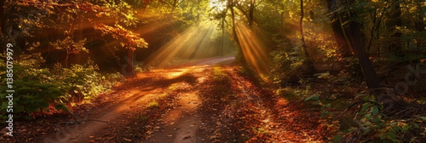Obraz Sunbeams break through vibrant fall foliage, casting long shadows across a forest path.