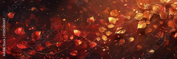 Obraz autumn banner with gold leaf and abstract brush strokes in deep reds and oranges on a dark background.